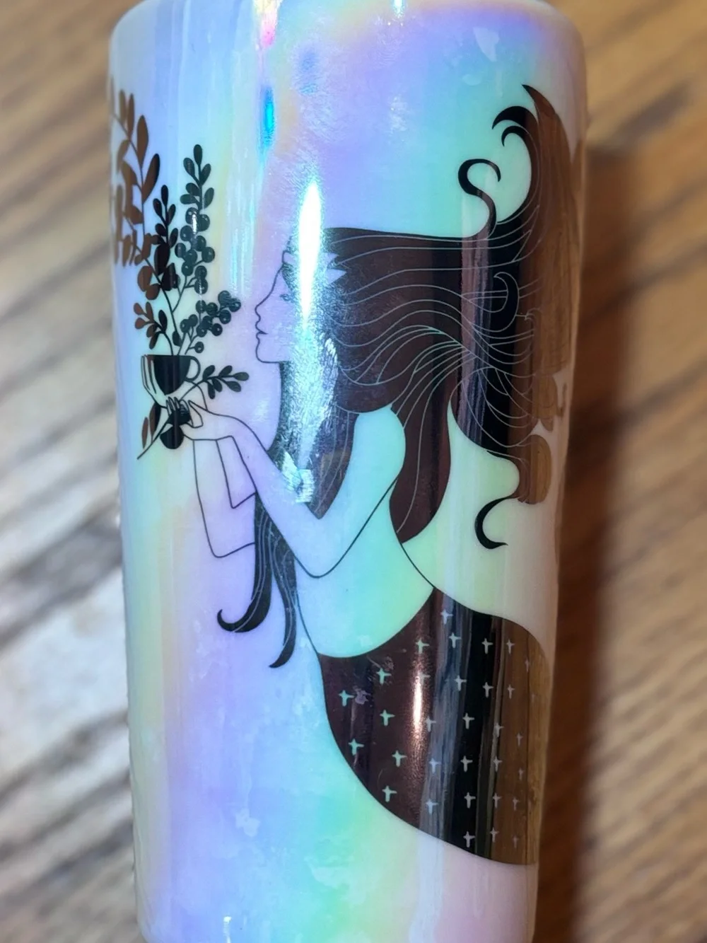 Starbucks Iridescent White Tumbler with Brown Hair Illustration
